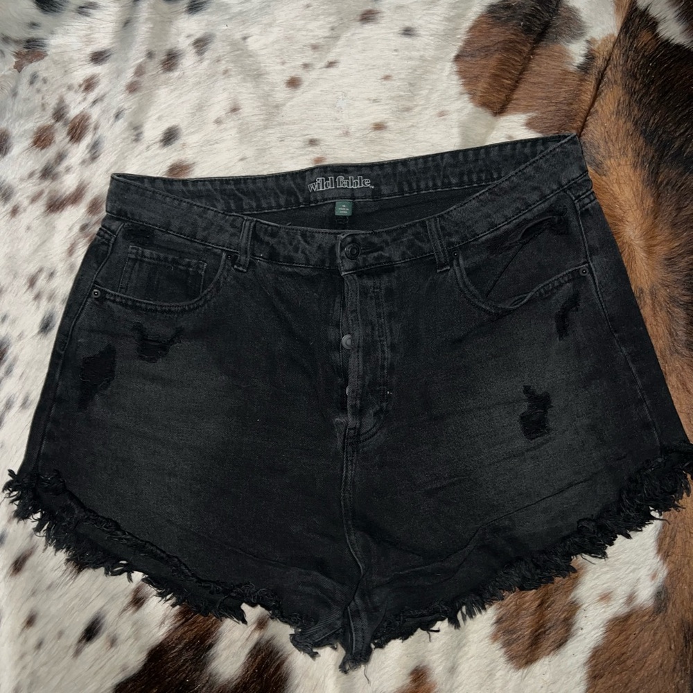 Black distressed denim shorts